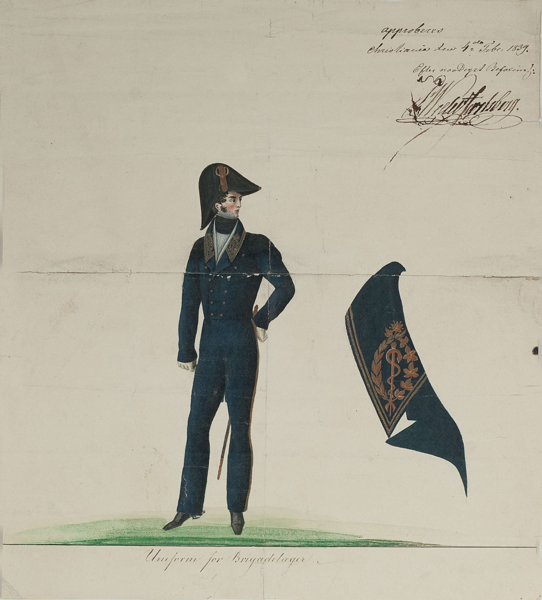 Approbasjonstegning for uniform til brigadelegen, 1839. Tekst: Uniform for Brigadelægen. Approberes Christiania den 4de Febr. 1839.