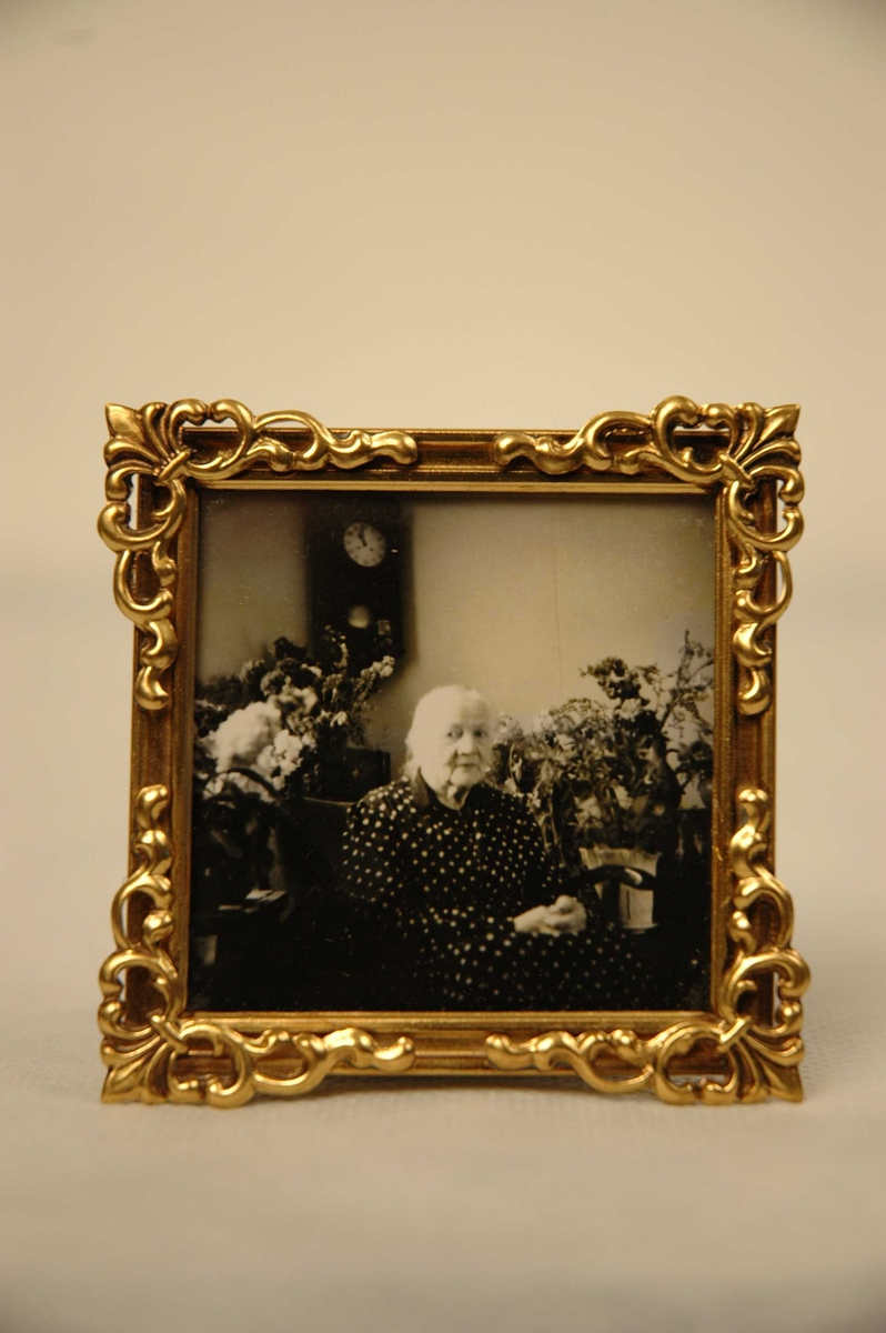 Foto av eldre dame omkranset av blomster.