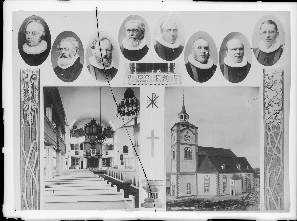 Sammensatt bilde med bilder fra interiør og eksteriør fra Røros kirke og portretter av prester på Røros mellom 1845 og 1924