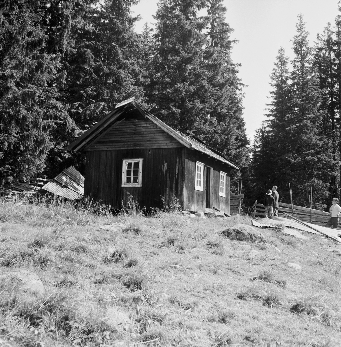 Blæka, Ringsaker. Brent hytte. Moelven foto 1962. 