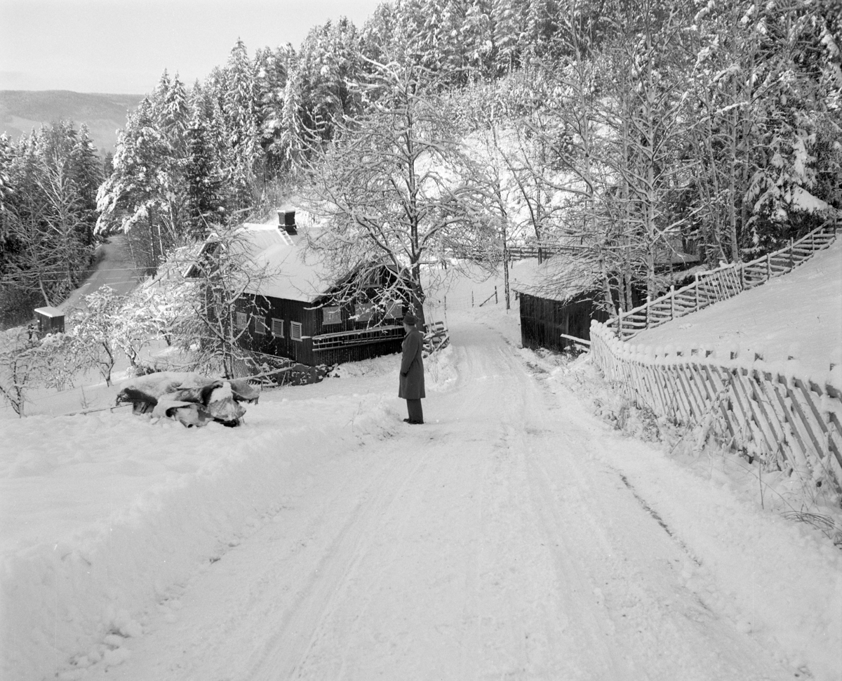 Ukjent Hus. Vinter. Bil i grøfta. 
Moelven foto 1960-åra. 