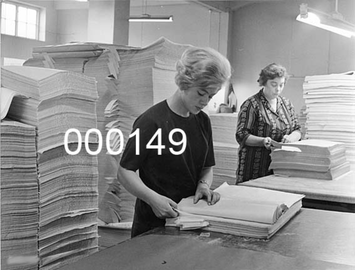 Interiør fra Drammenselvens Papirfabrikker på Geithus i Modum kommune i Buskerud.  Fotografiet viser to papirsorterersker som vi hittil ikke har greid å identifisere.  Fotografen, Arne Svendsen, hadde flere oppdrag ved bedriften omkring 1960, og det er sannsynlig at også dette opptaket kan være fra denne tida. 