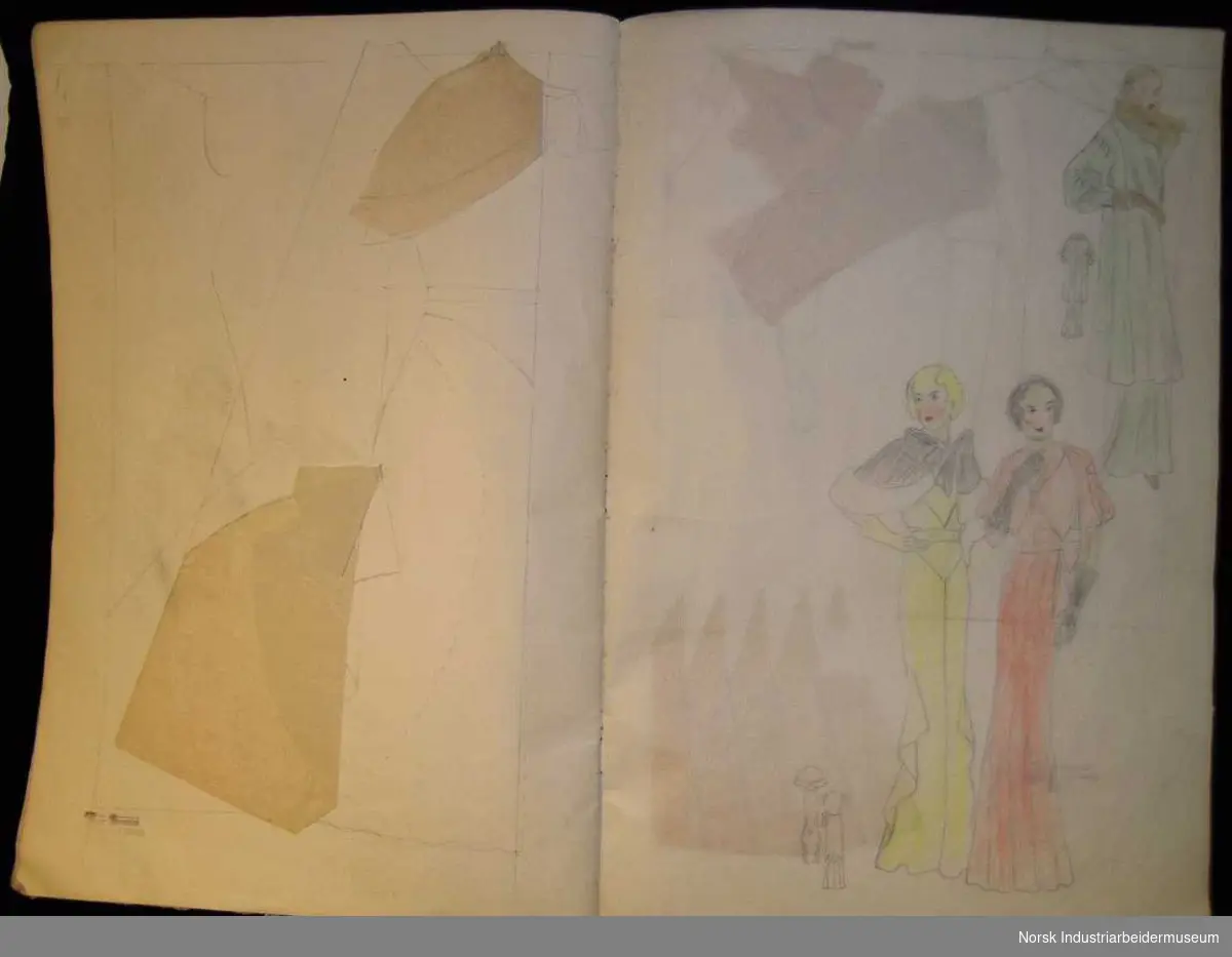 En av to skissebøker for dame og barneklær. Inneholder håndtegnede mønster og håndkolorerte tegninger. 