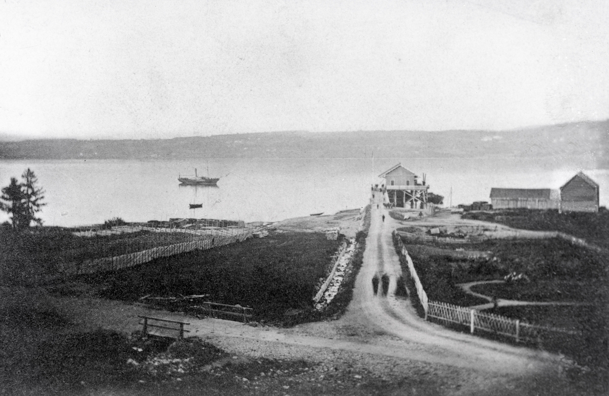 Gjøvik station. Dette er det eldste kjente fotografiet som viser det gamle strandområdet med brygga og pakkhuset.