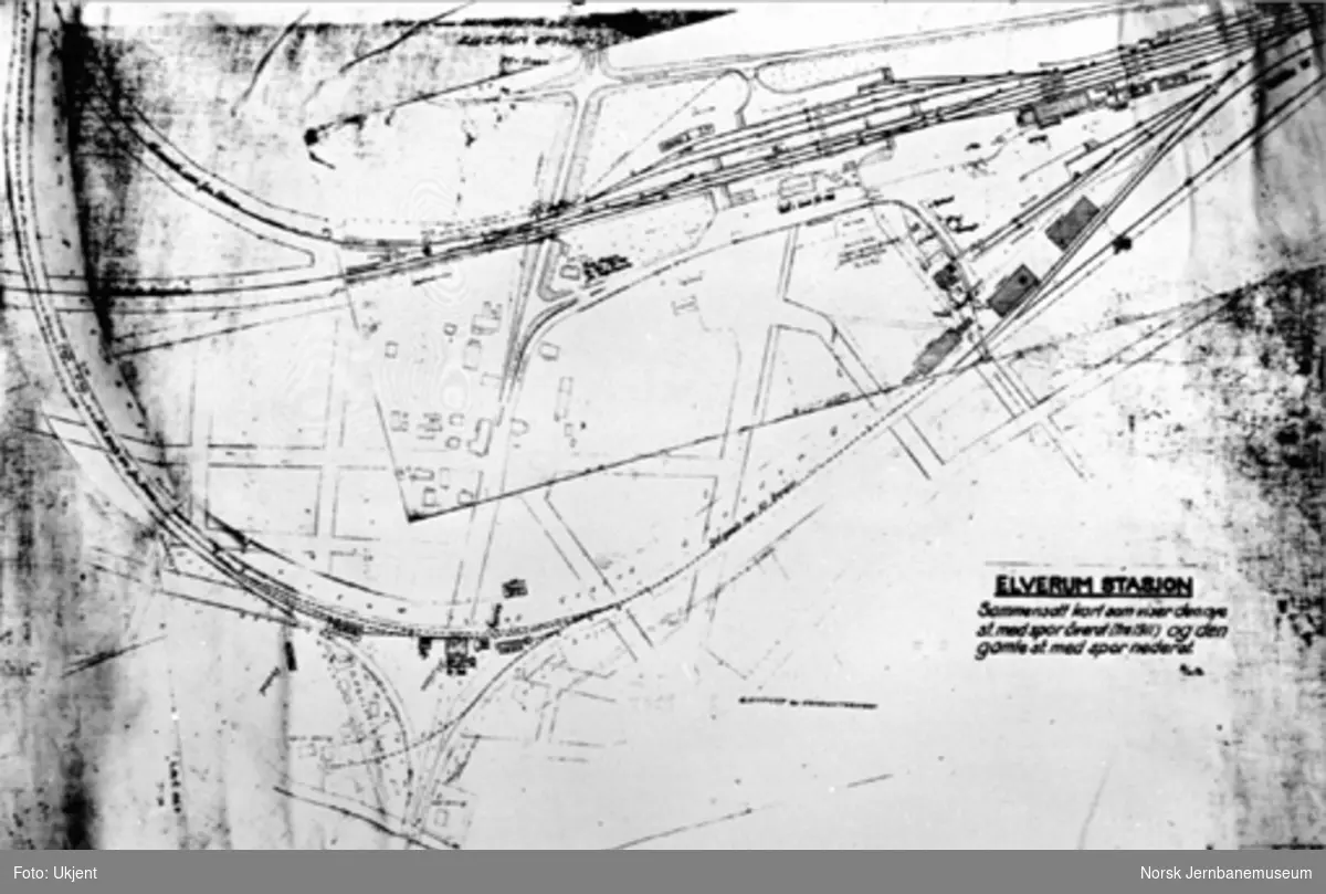 Tegning av sporplan for Elverum gamle og nye stasjon