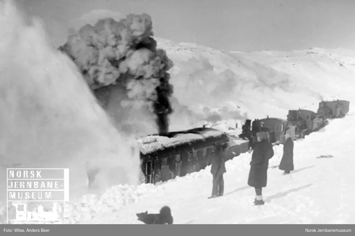 Roterende snøplog i arbeid på Bergensbanen, skjøvet av tre damplokomotiver av type 21a