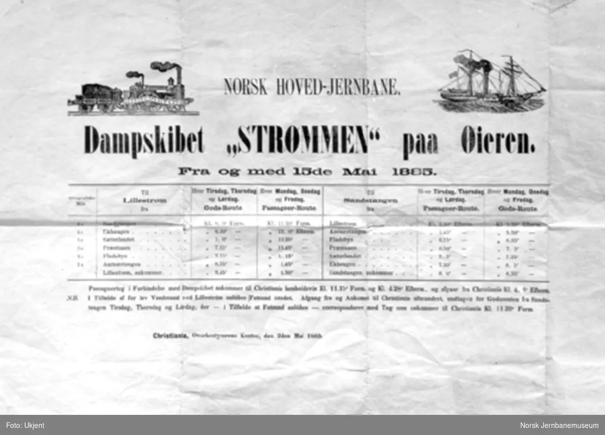 Rute for Norsk Hoved-Jernbanes D/S Strømmen på Øyeren fra mai 1885