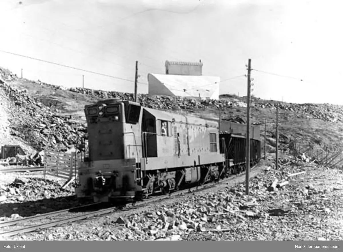 Sydvarangers lokomotiv DE100 med tog på Bjørnevatn