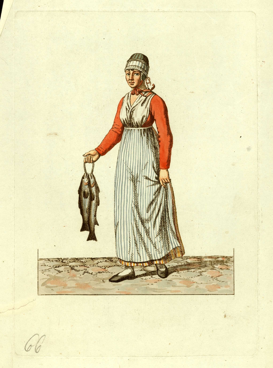 Kvinne, tjenestepike fra Bergen med knippe fisk i hånden.