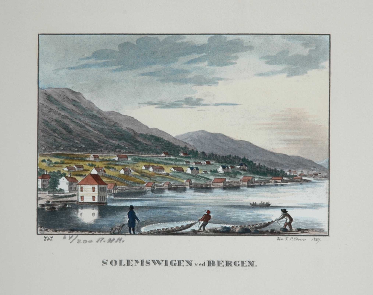 Prospekt, ant. Solheimsvika, Masfjorden, Hordaland, fjord med spredt bebyggelse langs land, trekking av fiskegarn i forgrunnen