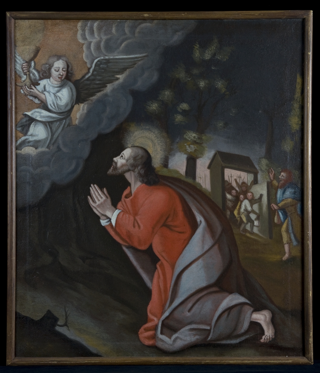 Motivet er Jesus i Getsemane. Jesus kneler i bildets forgrunn med hendene foldet. Til venstre svever en engel i en sky. Engelen bærer på en kalk. I bakgrunnen ser man hvordan Judas leder an soldatene som kommer inn for å arrestere Jesus. 