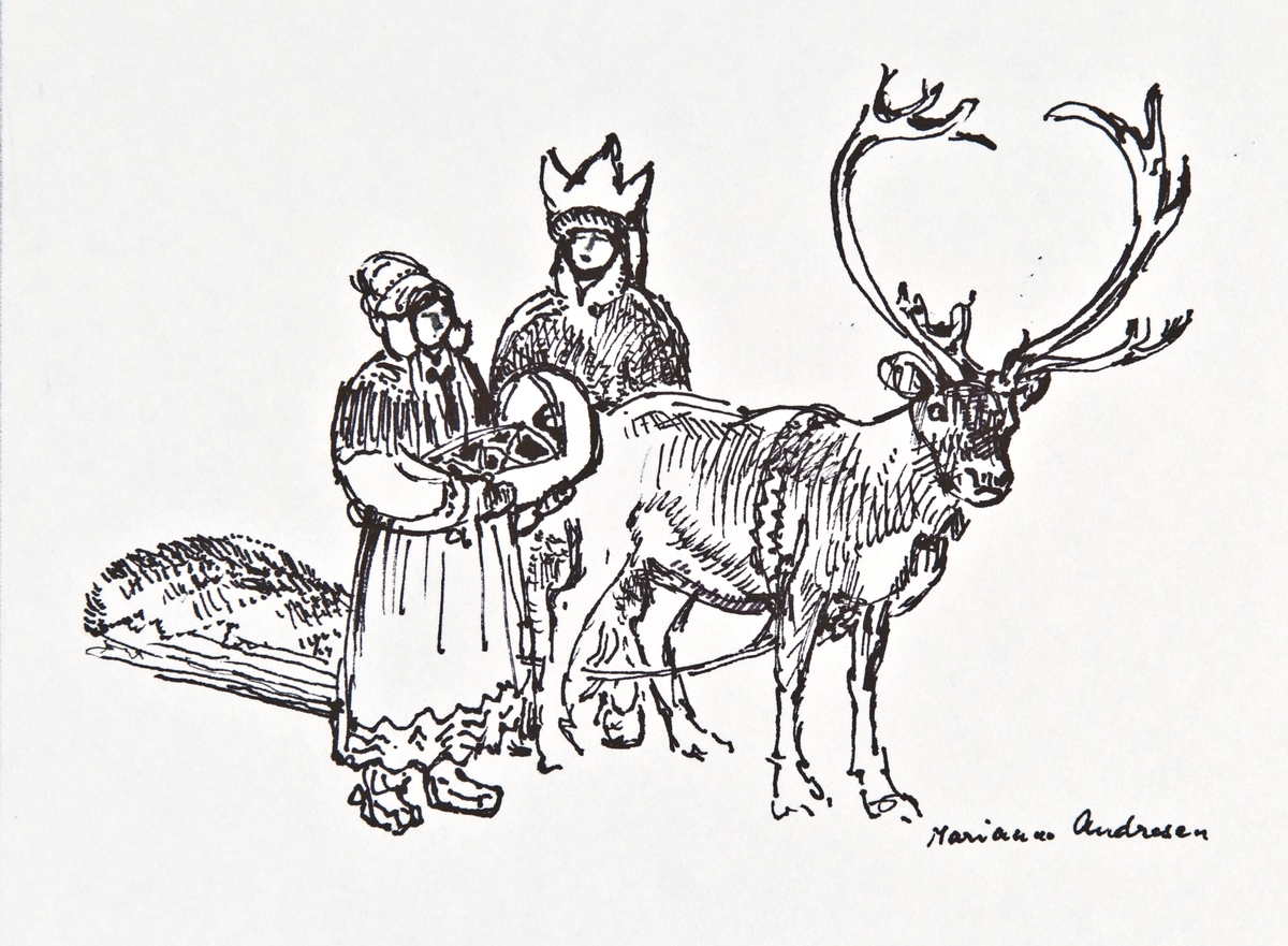 Samisk familie og rein forspent med slede, kvinnen bærer komse.