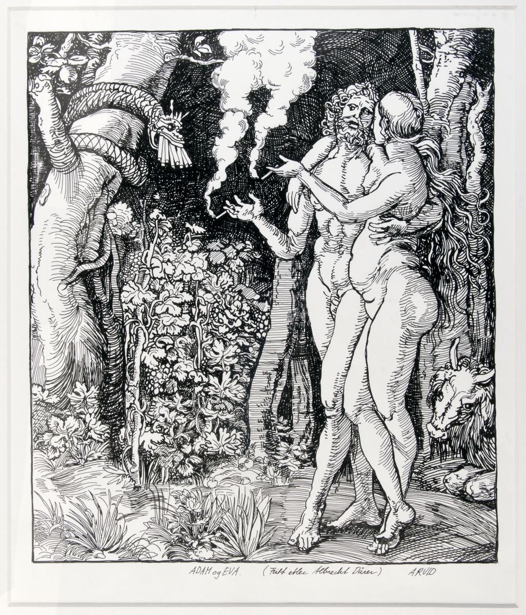Tusjtegning av Adam og Eva som røyker. Slangen i paradiset har munnen full av sigaretter.