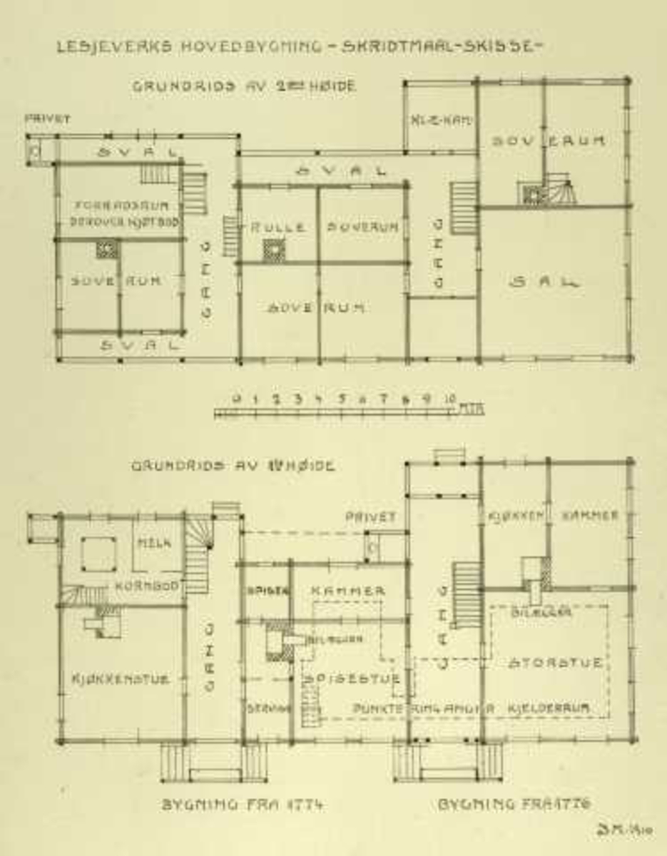Johan J. Meyers tegning (1910) av grunnplan for hovedbygningen , Lesjaverk, Lesja, Oppland. Bygget 1774/76.