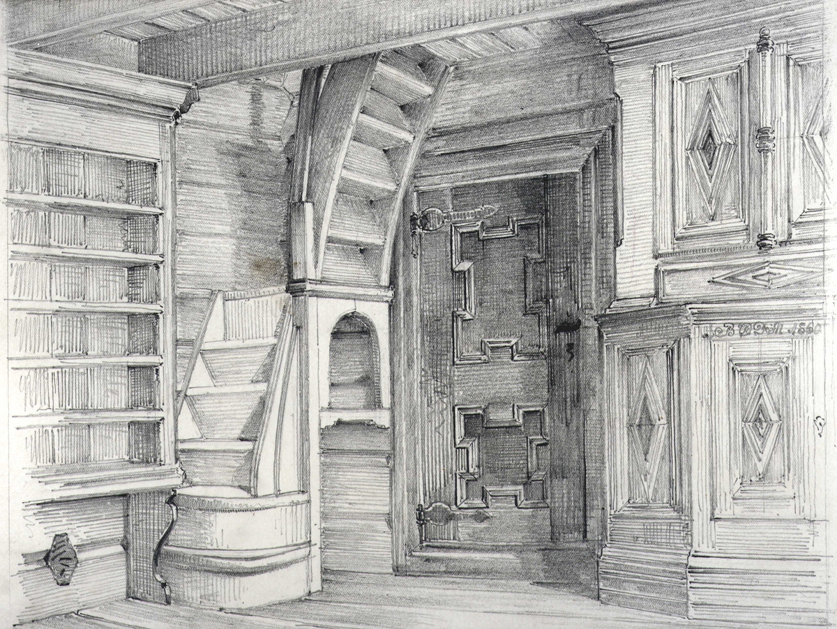 Johan J. Meyers tegning (1912) av interiør fra stue, Mårdalen, Tinn, Telemark.