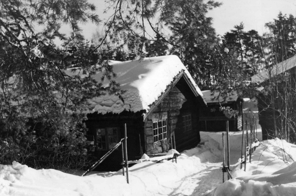 Østerdalstunet på Norsk folkemuseum, 1948. Til venstre: Barfrøstua fra Trønnes i Stor-Elvdal, sett bakfra. Til høyre: Stall-løe fra Lille Ingelsrud i Åsnes. Bak: Loftsbu fra Urstrømmen i Alvdal.
