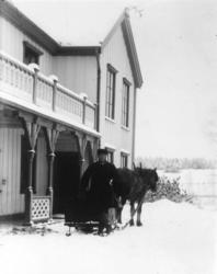Dal gård, Ullensaker. Mann med hest og kjøretøy foran hovedb