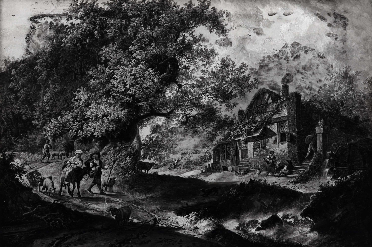 Landskap med vannmølle husdyr og personer. Akvarell og gouache av William Feanside 1791.