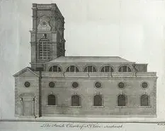 Kobbergravering av St Olave's Church, Southwark. Hentet fra "The History and Survey of London from its Evolution to the Present Time" (1756), av William Maitland. 