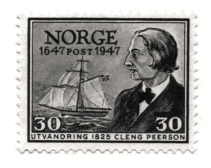 Frimerke med tegning av Cleng Peerson og Restauration på.